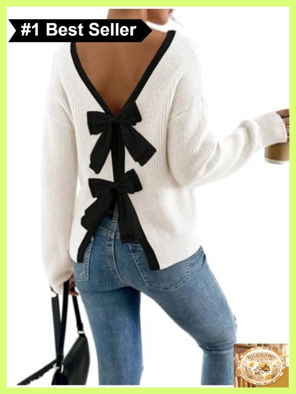 Women's Off Shoulder Bow Ribbed Knit Crew Neck Pullover Sweater
